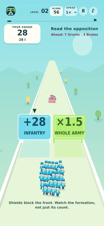 Actual Gate Legion gameplay: a squad approaches arithmetic gates