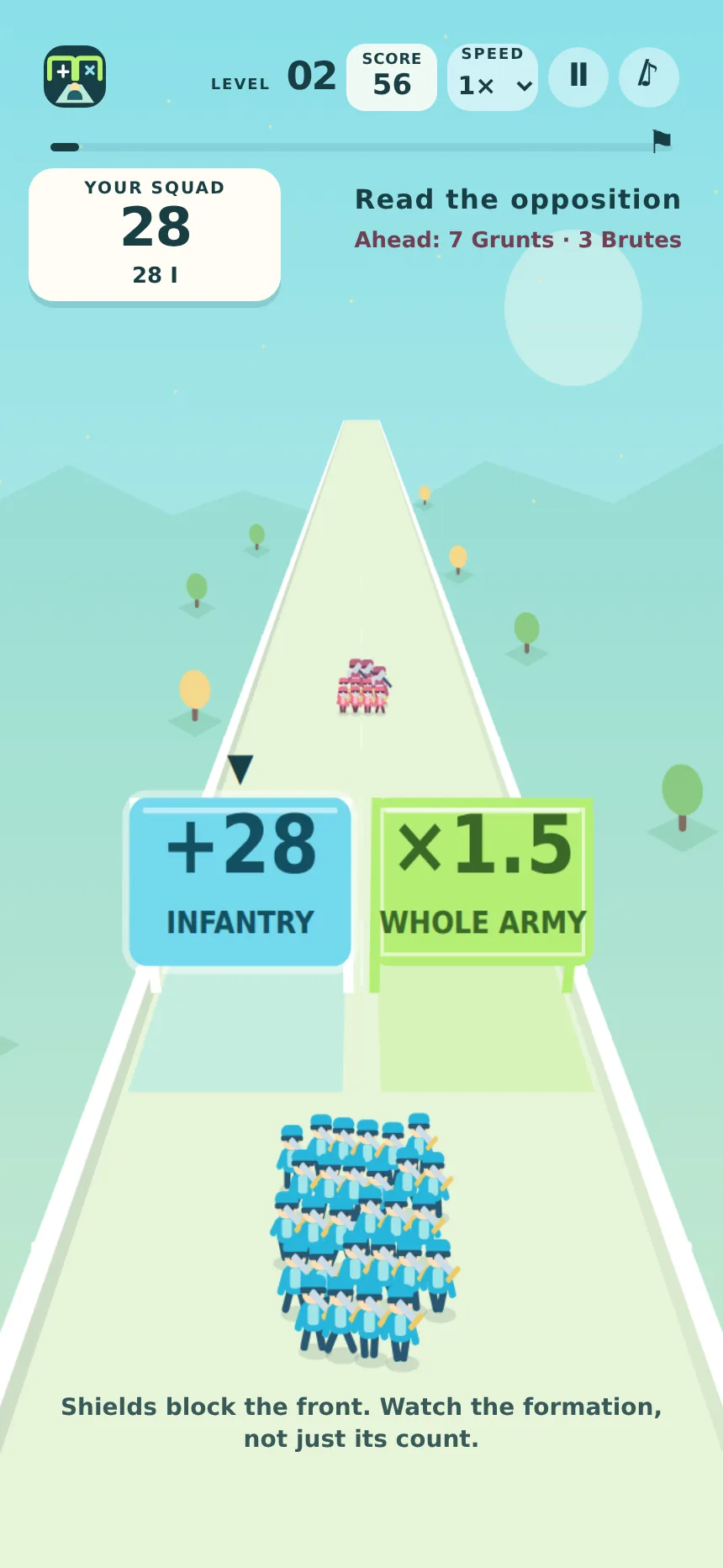 Actual Gate Legion gameplay: the army approaches a gate that adds soldiers or multiplies the squad