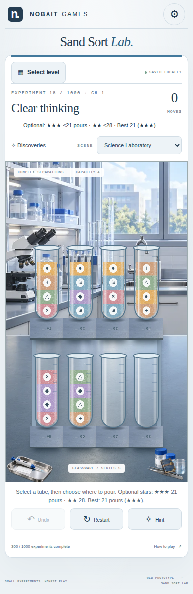 Actual Sand Sort Lab browser gameplay in the illustrated Science Laboratory, with coloured sand in clear glass tubes